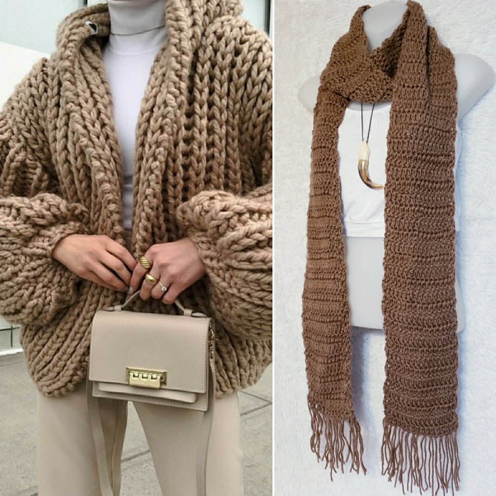 72"+  X Long Oversized Brown Crochet Scarf - Picture 7 of 10